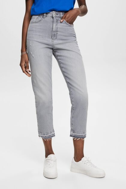Jeans met hoge taille, kortere pijpen en een rafelige zoom, GREY MEDIUM WASHED, overview