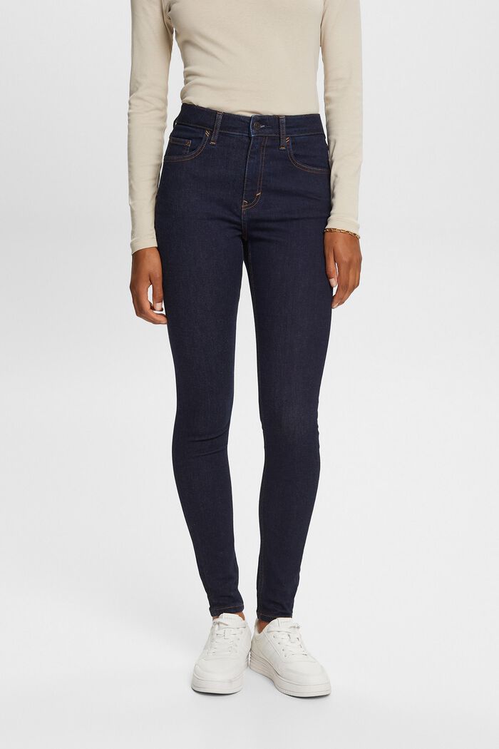 Skinny jeans met hoge taille, katoen met stretch, BLUE RINSE, detail image number 0