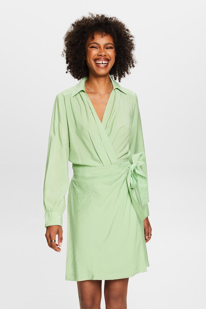 Crinkled mini-jurk met wikkeleffect, LIGHT GREEN, detail image number 0
