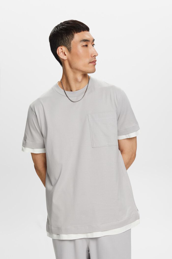 T-shirt met ronde hals in laagjeslook, 100% katoen, LIGHT GREY, detail image number 1