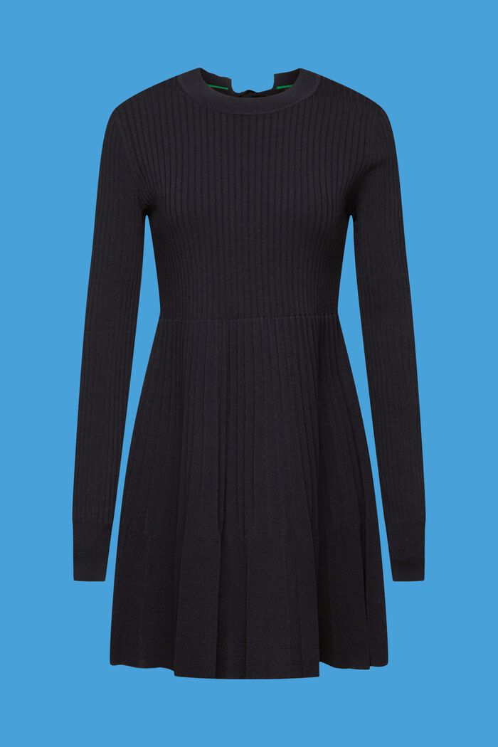 Geplisseerde mini-jurk met lange mouwen en ronde hals, BLACK, detail image number 6