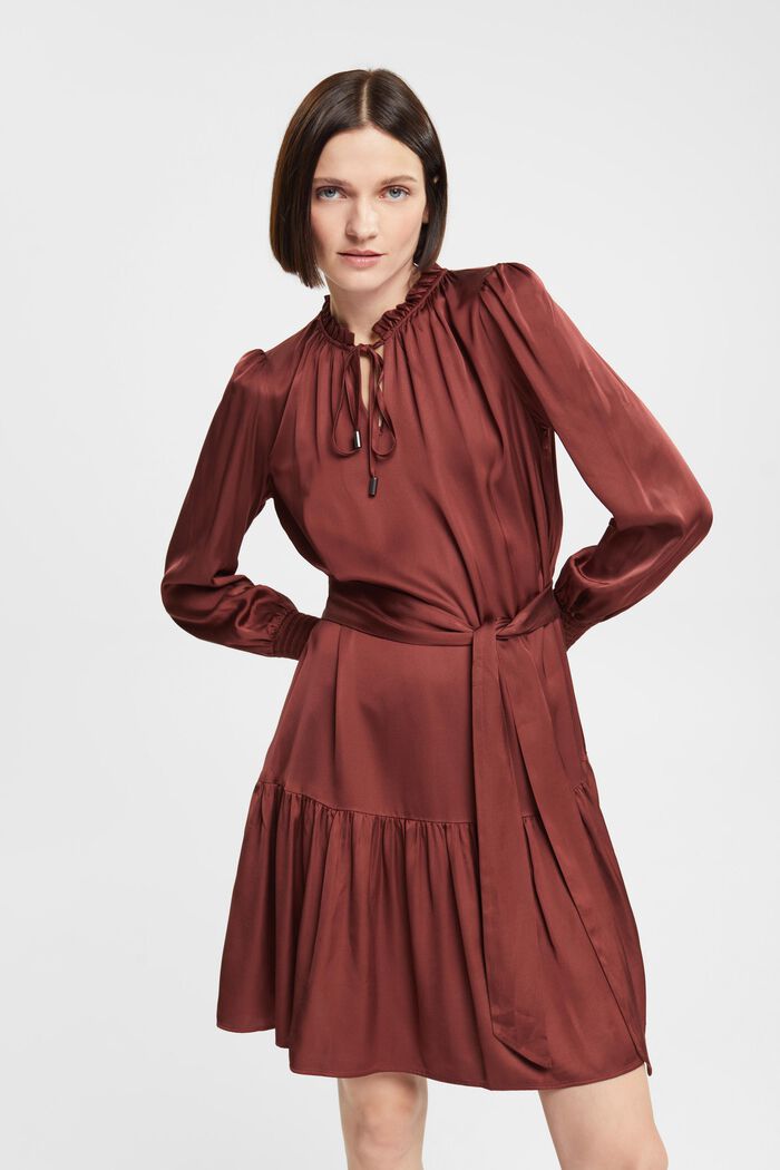 Satijnen jurk met gerimpelde kraag, LENZING™ ECOVERO™, BORDEAUX RED, detail image number 0