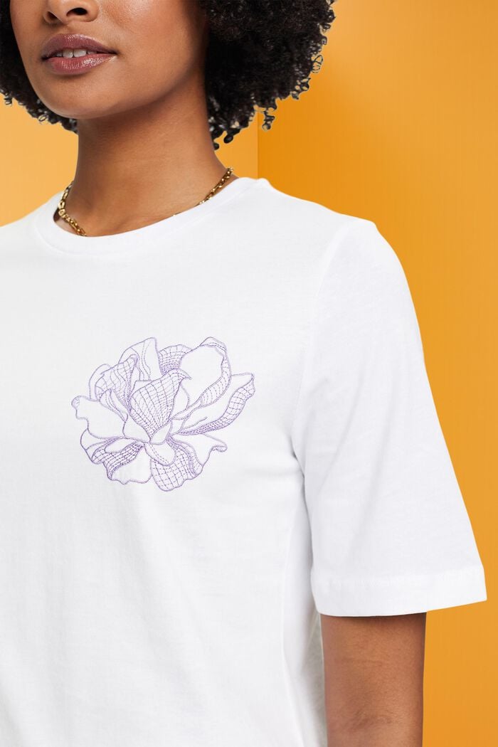 Katoenen T-shirt met geborduurde bloem, OFF WHITE, detail image number 2