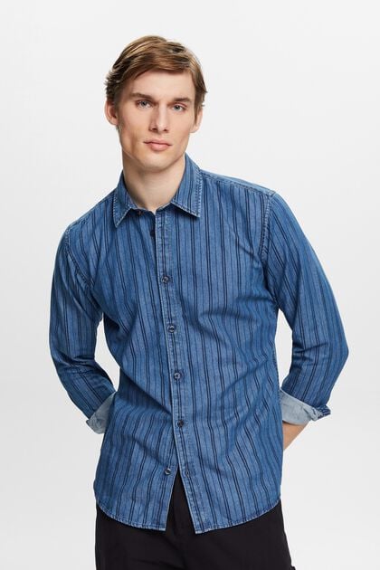 Slim fit denim shirt met strepen, NAVY/BLUE, overview