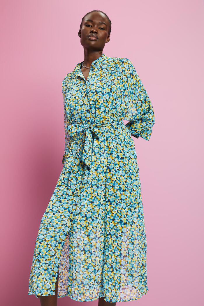 Midi-jurk met motief all-over, TURQUOISE, detail image number 0