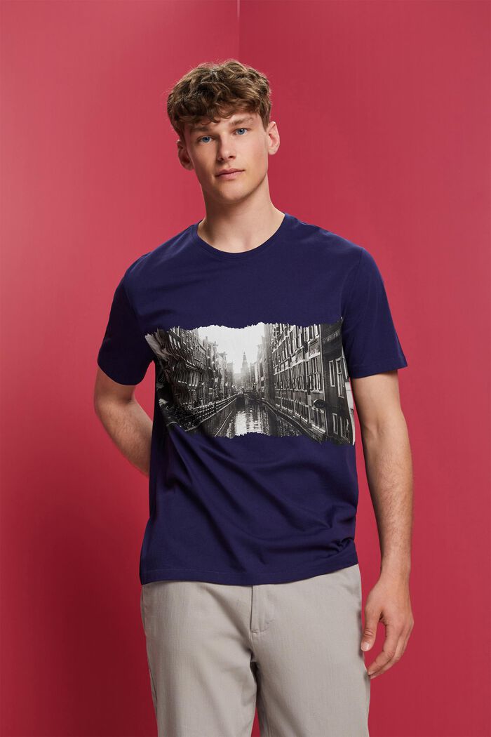 T-shirt met ronde hals en print, 100% katoen, DARK BLUE, detail image number 0