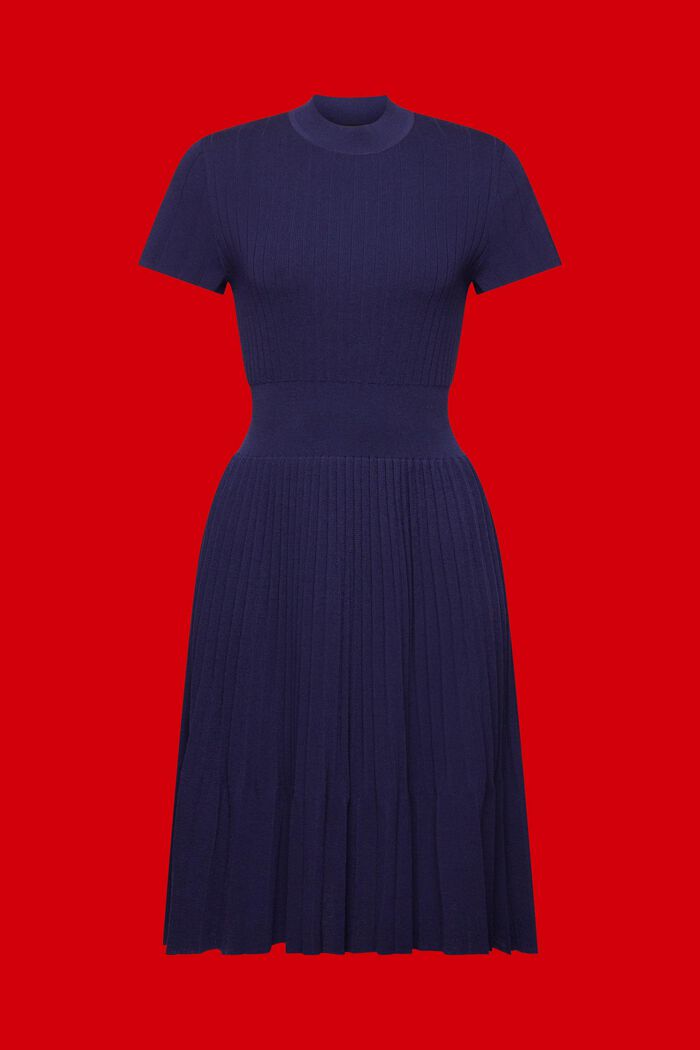 Geplisseerde midi-jurk met opstaande kraag en korte mouwen, DARK BLUE, detail image number 6