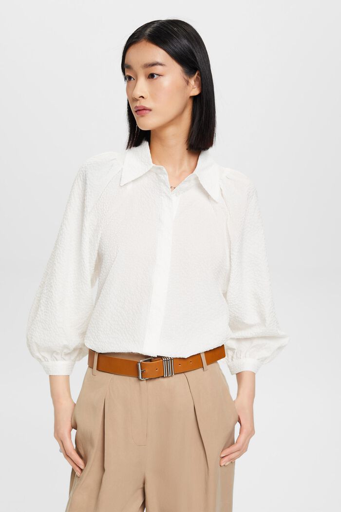 Seersucker blouse met pofmouwen, OFF WHITE, detail image number 0