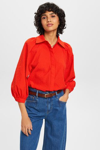 Rood Seersucker blouse met pofmouwen