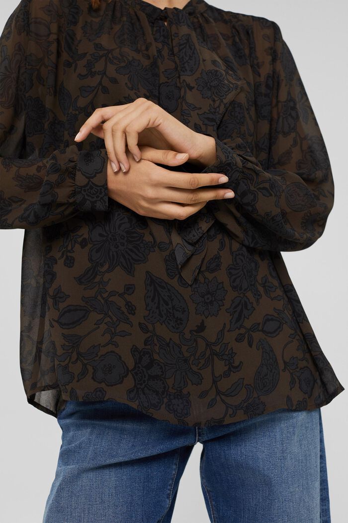 Gerecycled: chiffon blouse met strikbandjes, DARK BROWN, detail image number 2