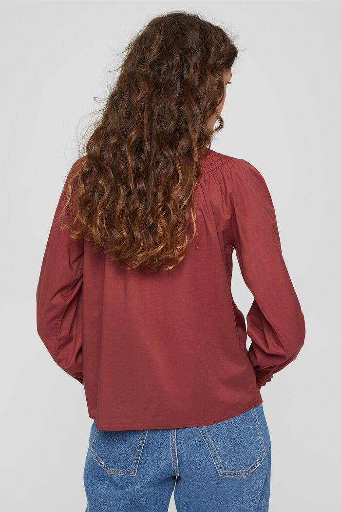Gesmokte blouse van 100% organic cotton, GARNET RED, detail image number 3