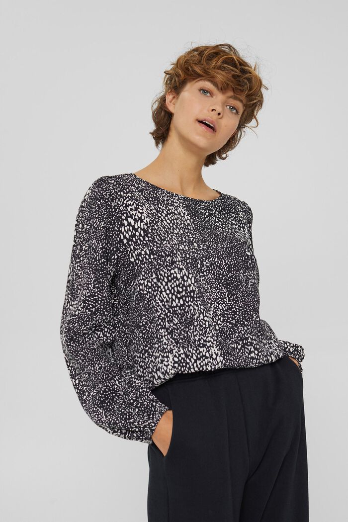 Gesmokte blouse met print, LENZING™ ECOVERO™, BLACK, detail image number 0