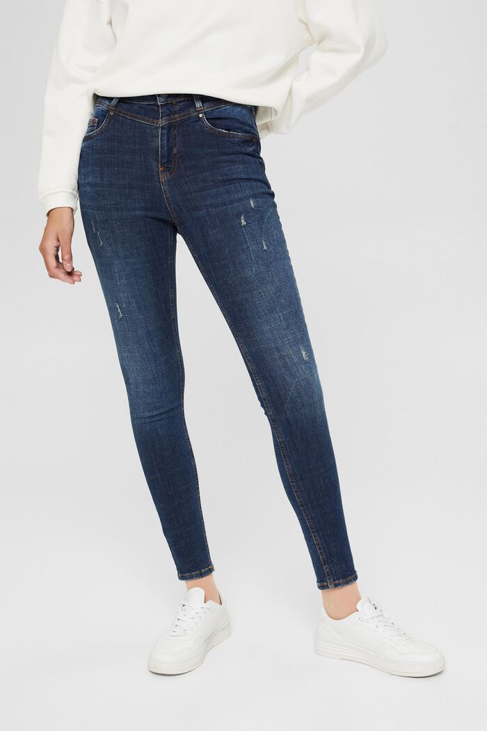 Enkellange jeans met een used look, biologisch katoen, BLUE DARK WASHED, detail image number 0