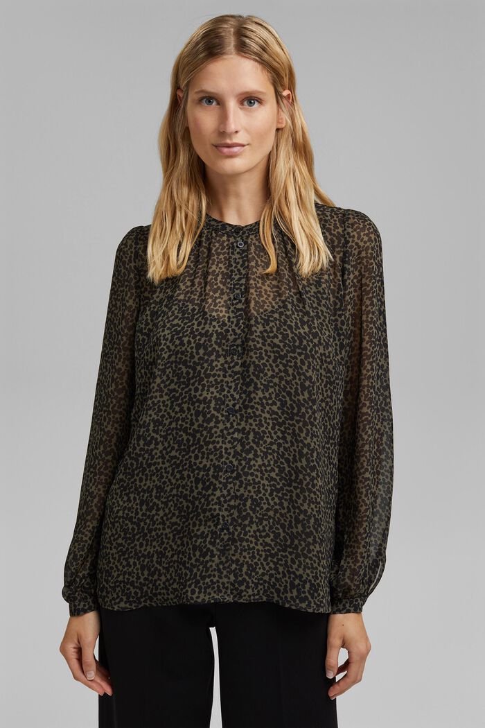 Gerecycled: chiffon blouse met print, KHAKI GREEN, detail image number 0
