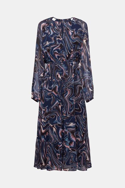 Maxi-jurk van crinkled chiffon met volantmouwen, NAVY, overview