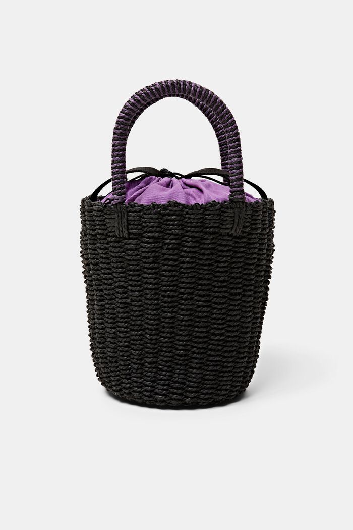 Raffia bucket bag met hengsels aan de bovenkant, BLACK, detail image number 0