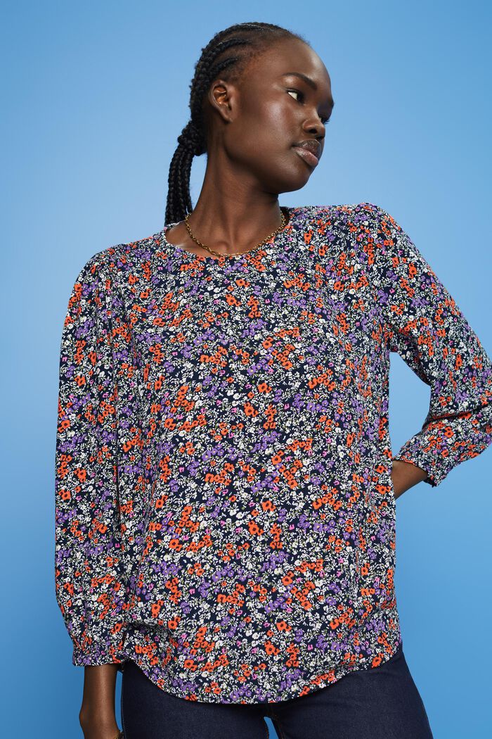 Gebloemde blouse met 3/4-mouwen, NAVY BLUE, detail image number 0