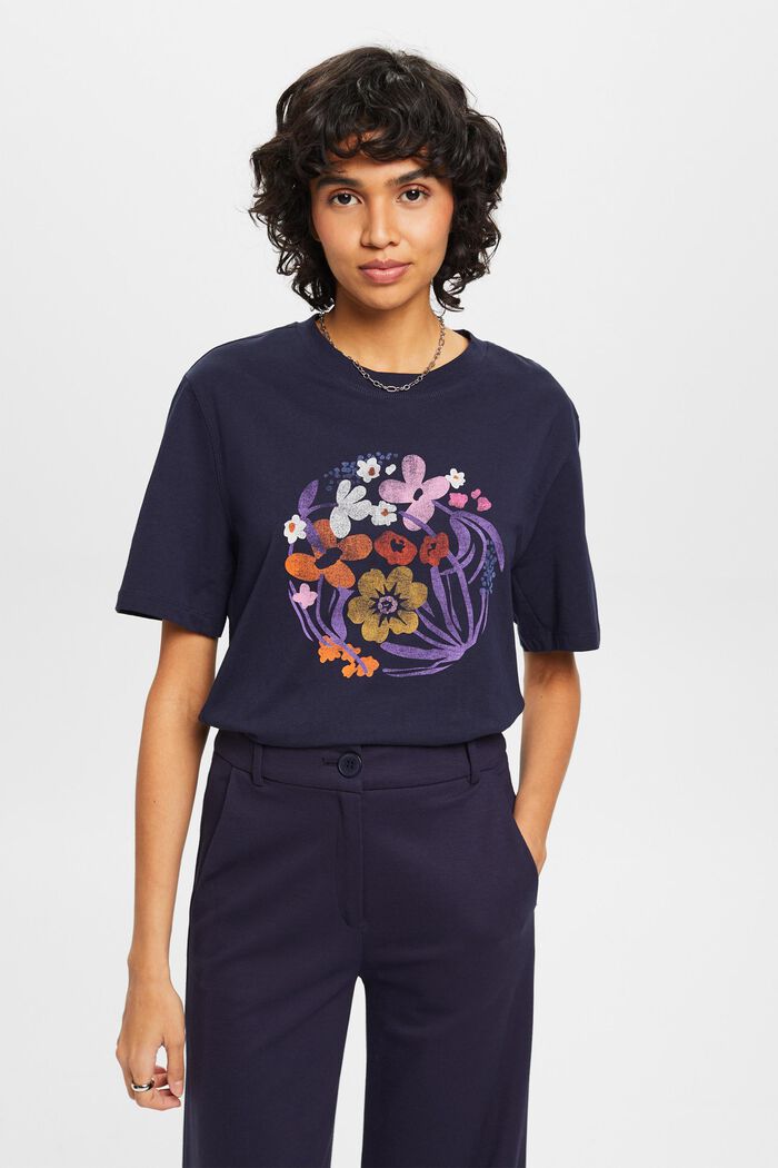 T-shirt met bloemetjesprint, NAVY, detail image number 0