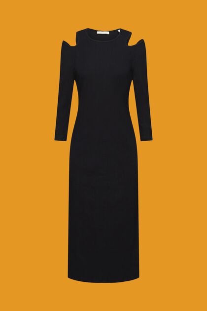 Geribde midi-jurk met cut-out op de schouders, BLACK, overview