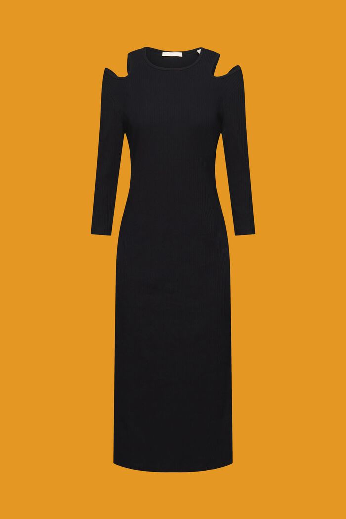 Geribde midi-jurk met cut-out op de schouders, BLACK, detail image number 6