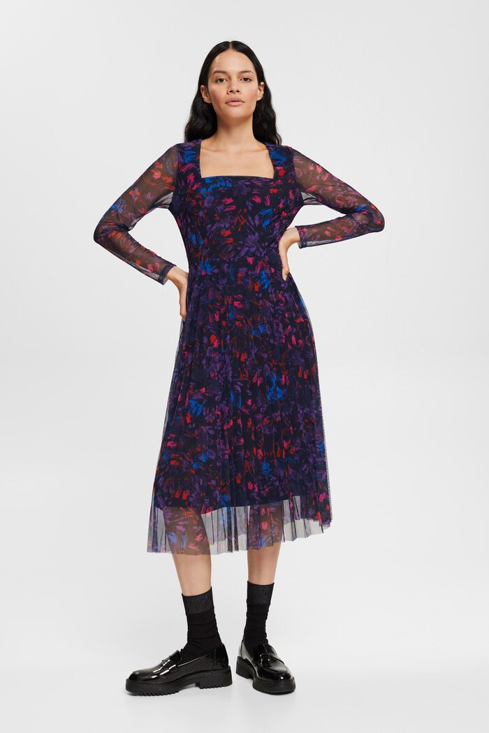 Mesh jurk met motief, NAVY, detail image number 2