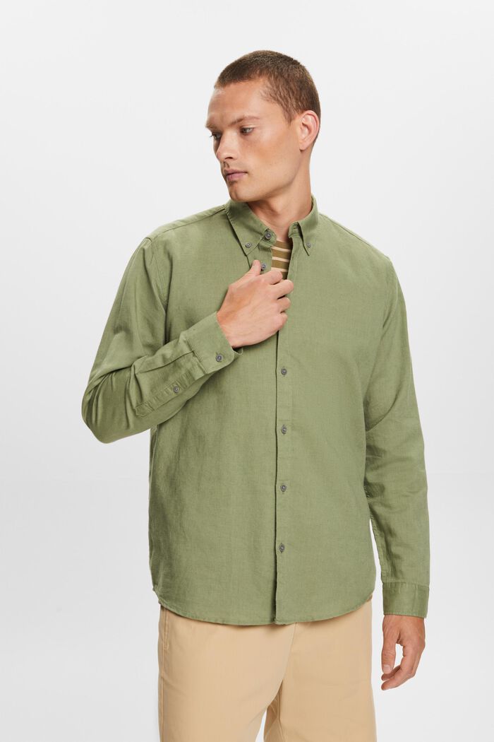 Overhemd met buttondownkraag van een mix van katoen en linnen, LIGHT KHAKI, detail image number 0