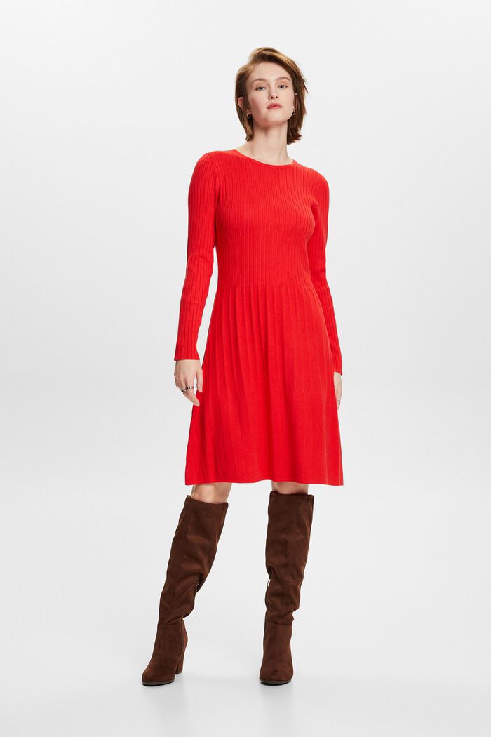 Ribgebreide jurk met plooien, RED, detail image number 0