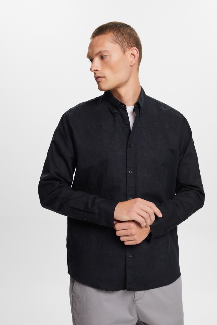 Overhemd met buttondownkraag van een mix van katoen en linnen, BLACK, detail image number 0