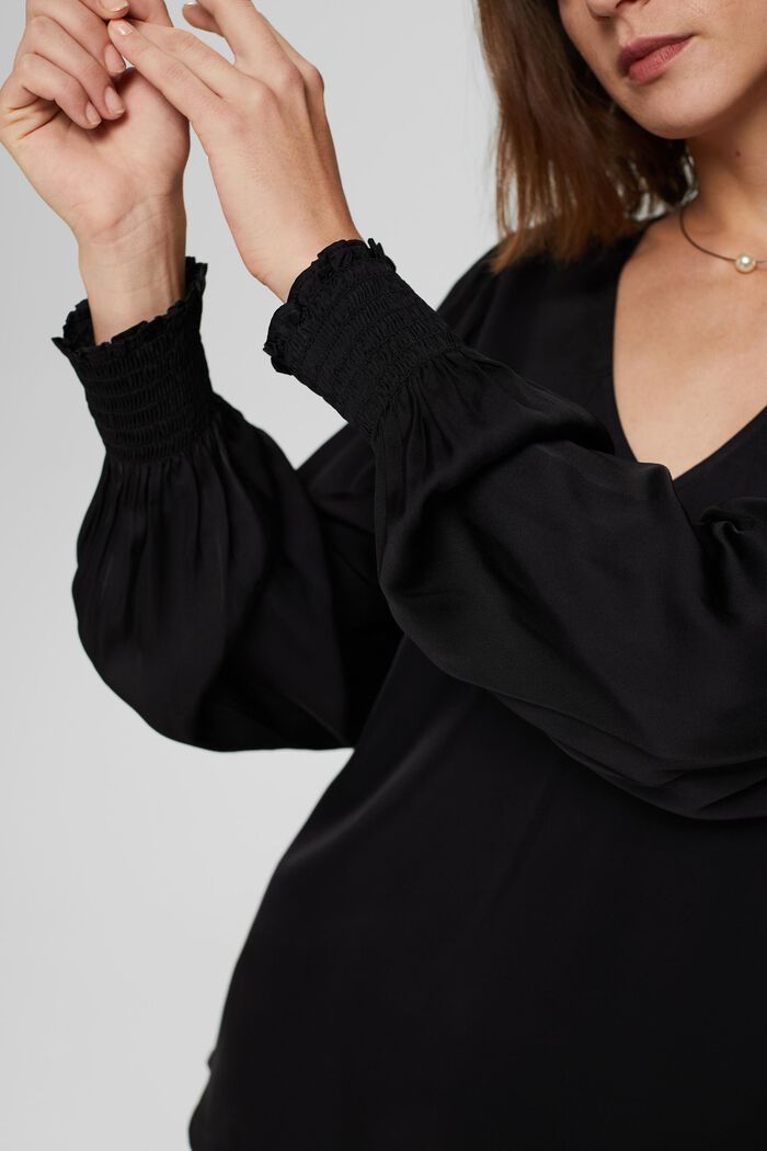 Satijnen blouse met ballonmouwen, BLACK, detail image number 2