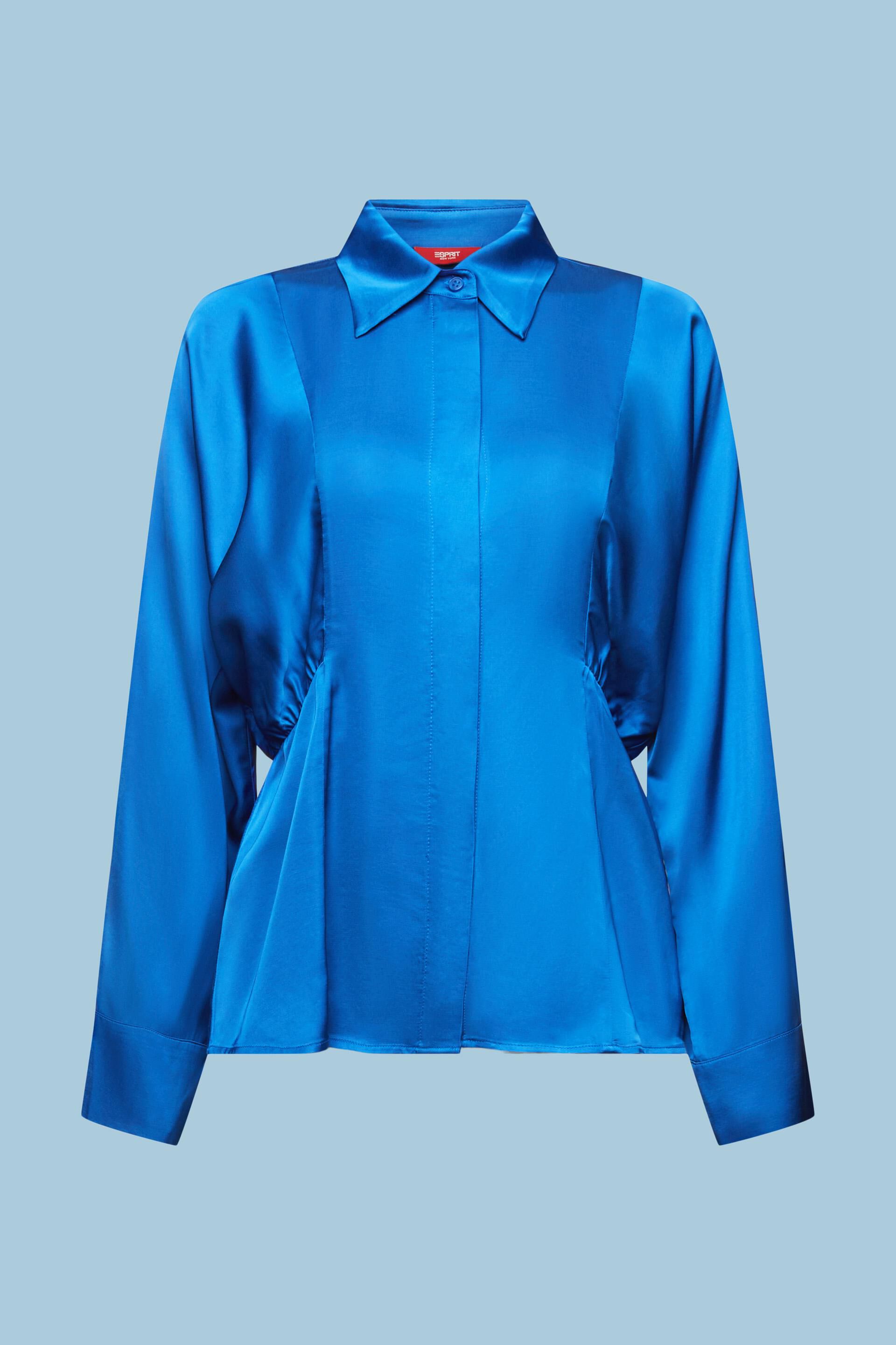 Blauw Satijnen blouse met gerimpeld schootje