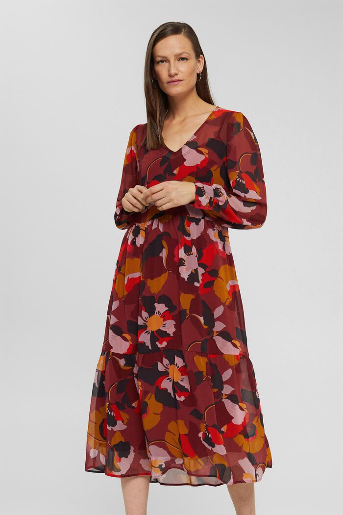Gerecycled: midi-jurk van chiffon met print, TERRACOTTA, detail image number 0
