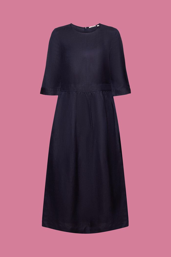 Midi-jurk van een geweven linnen-viscosemix, NAVY, detail image number 6