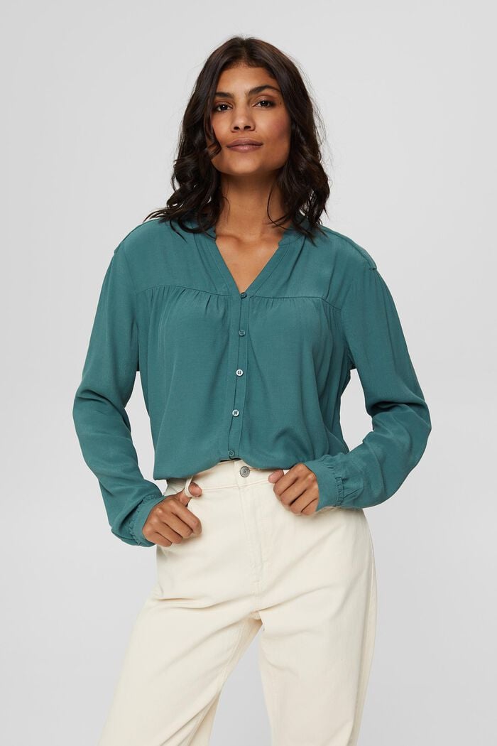 Henley blouse met ruches, LENZING™ ECOVERO™, TEAL BLUE, detail image number 0