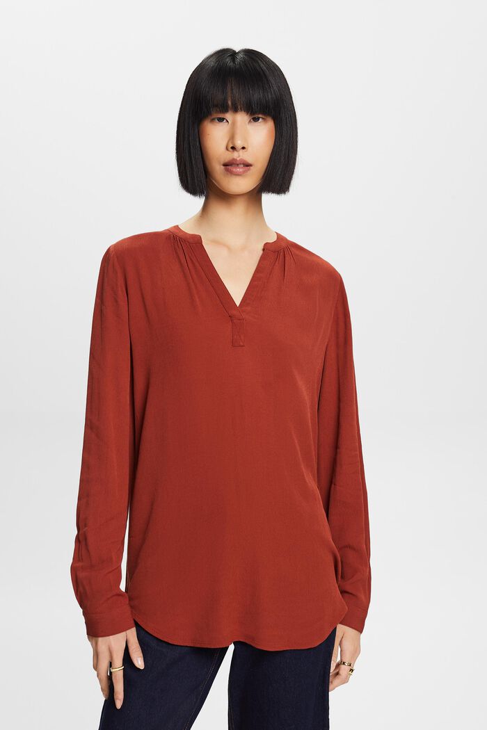 Basic blouse met V-hals, RUST BROWN, detail image number 0