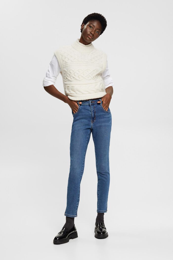 Slim-fit jeans met hoge taille, BLUE MEDIUM WASHED, detail image number 5