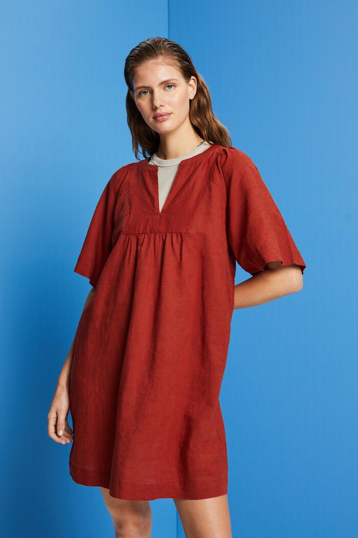 Mini-jurk, mix van katoen en linnen, TERRACOTTA, detail image number 0