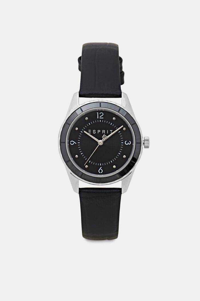 Edelstalen horloge met leren bandje, BLACK, detail image number 0