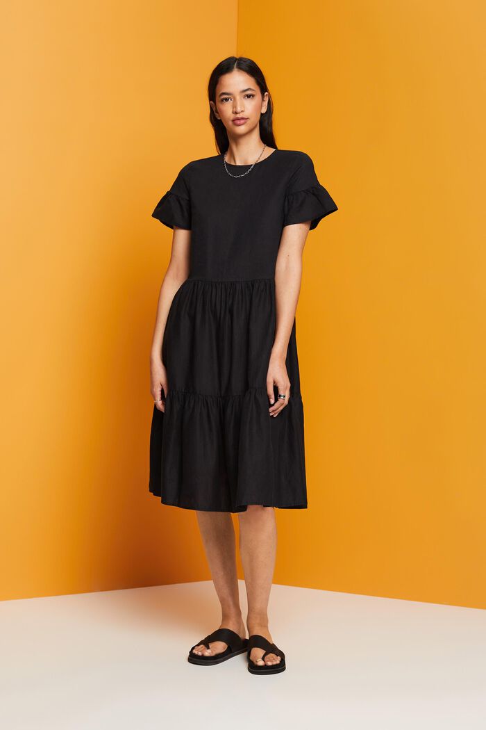 Midi-jurk, mix van katoen en linnen, BLACK, detail image number 5