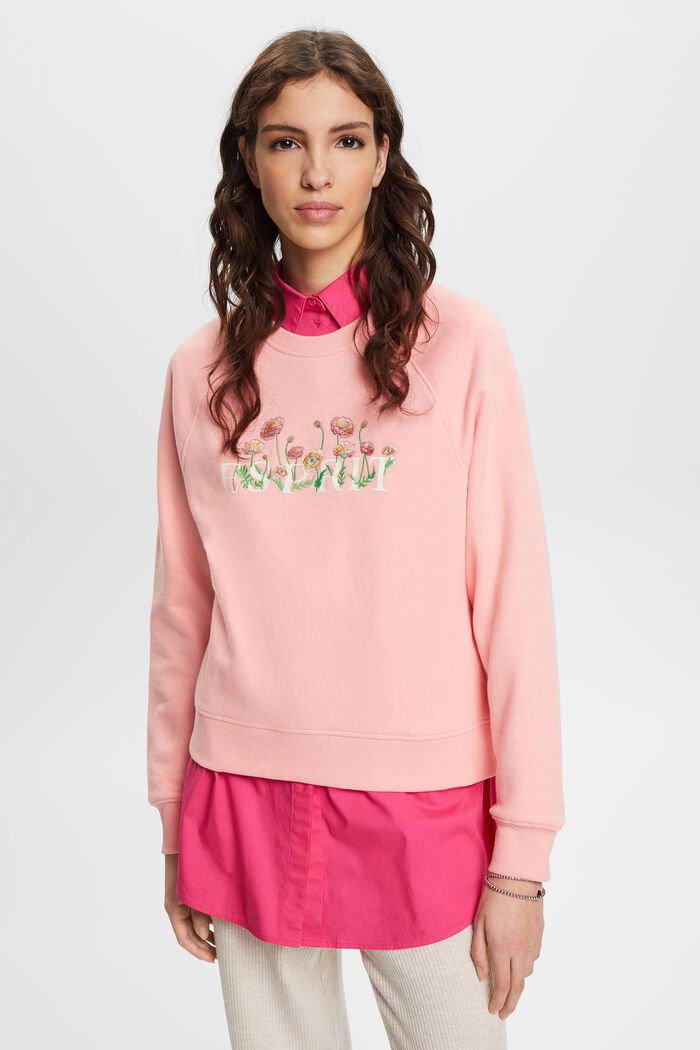 Sweatshirt met logoprint en geborduurde bloemen, PINK, detail image number 0