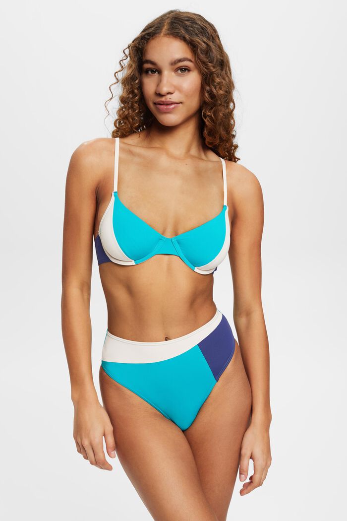 High waist bikinibroekje met hoge taille in colour block-design, TEAL GREEN, detail image number 0