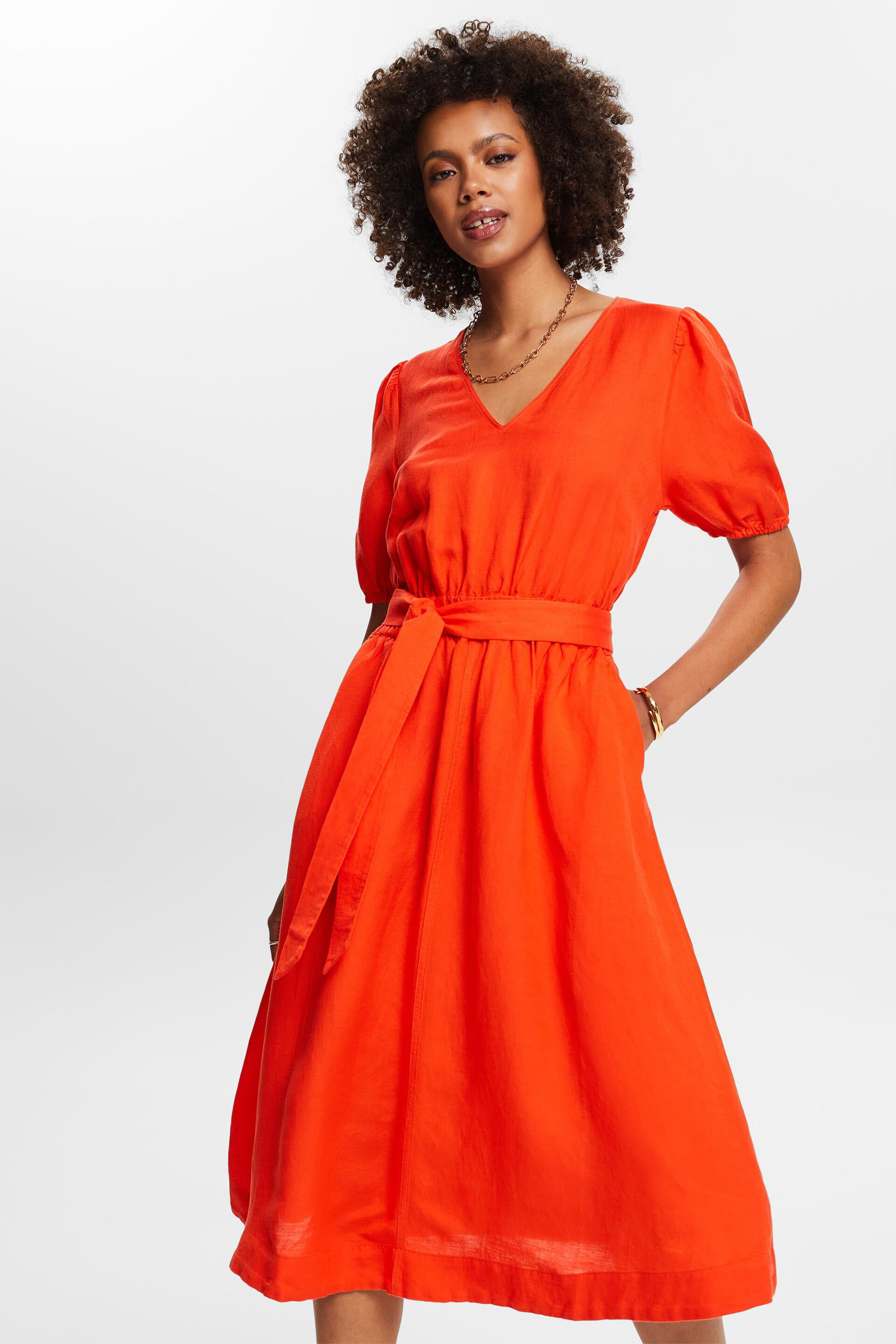 Oranje Midi-jurk met pofmouwen en ceintuur