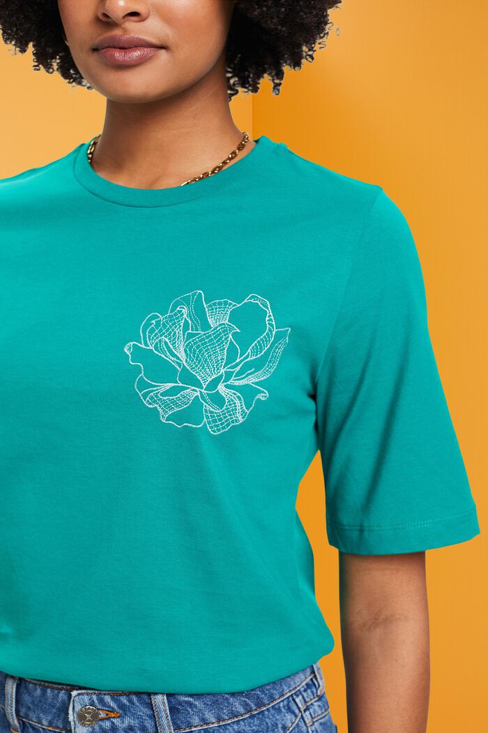 Katoenen T-shirt met geborduurde bloem, EMERALD GREEN, detail image number 2