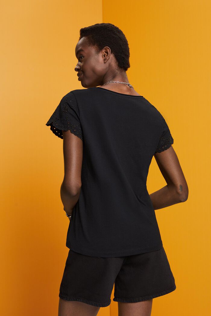 Katoenen T-shirt met mouwen met opengewerkt motief, BLACK, detail image number 3