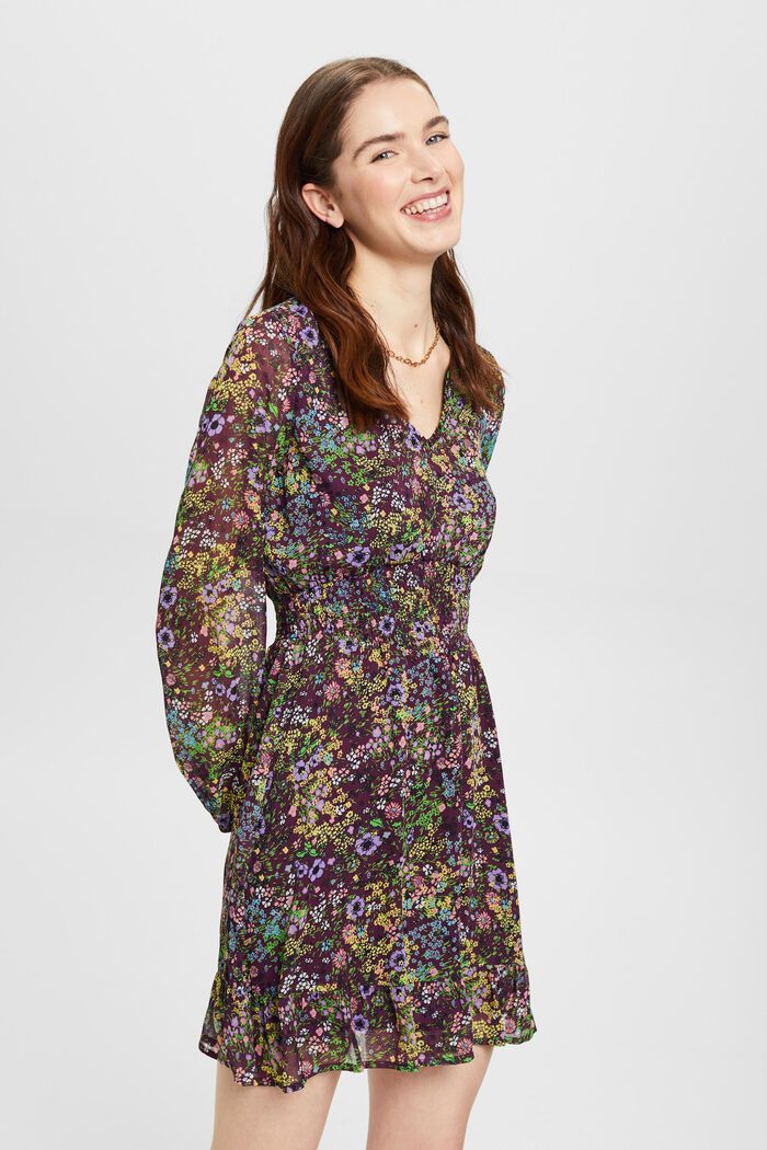 Geweven mini-jurk met bloemenmotief, DARK PURPLE, detail image number 0