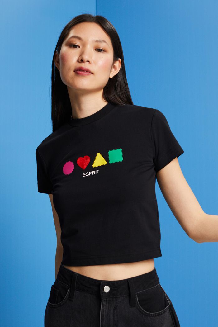 T-shirt van organic cotton met geometrische print, BLACK, detail image number 0