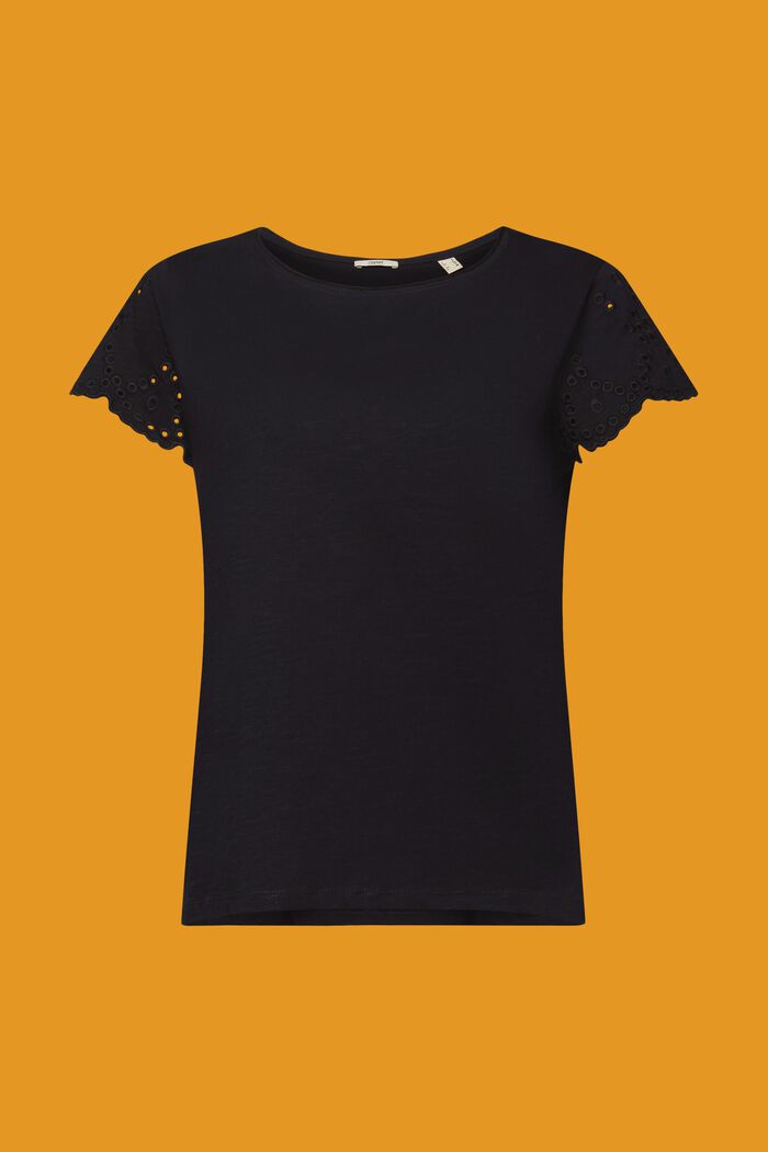Katoenen T-shirt met mouwen met opengewerkt motief, BLACK, detail image number 7