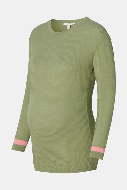 Gestructureerde sweater met gestreepte details, REAL OLIVE, overview