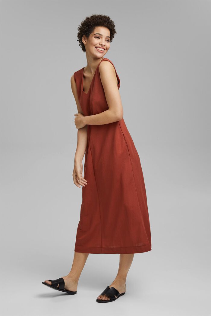 Midi-jurk met V-hals voor en achter, LENZING™ ECOVERO™, TERRACOTTA, detail image number 1