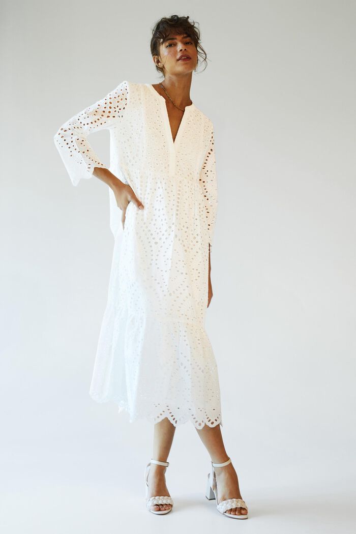 Midi-jurk met opengewerkte kant, LENZING™ ECOVERO™, WHITE, detail image number 7