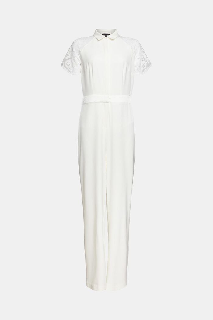 Gerecycled: jumpsuit met kanten mouwen, OFF WHITE, overview